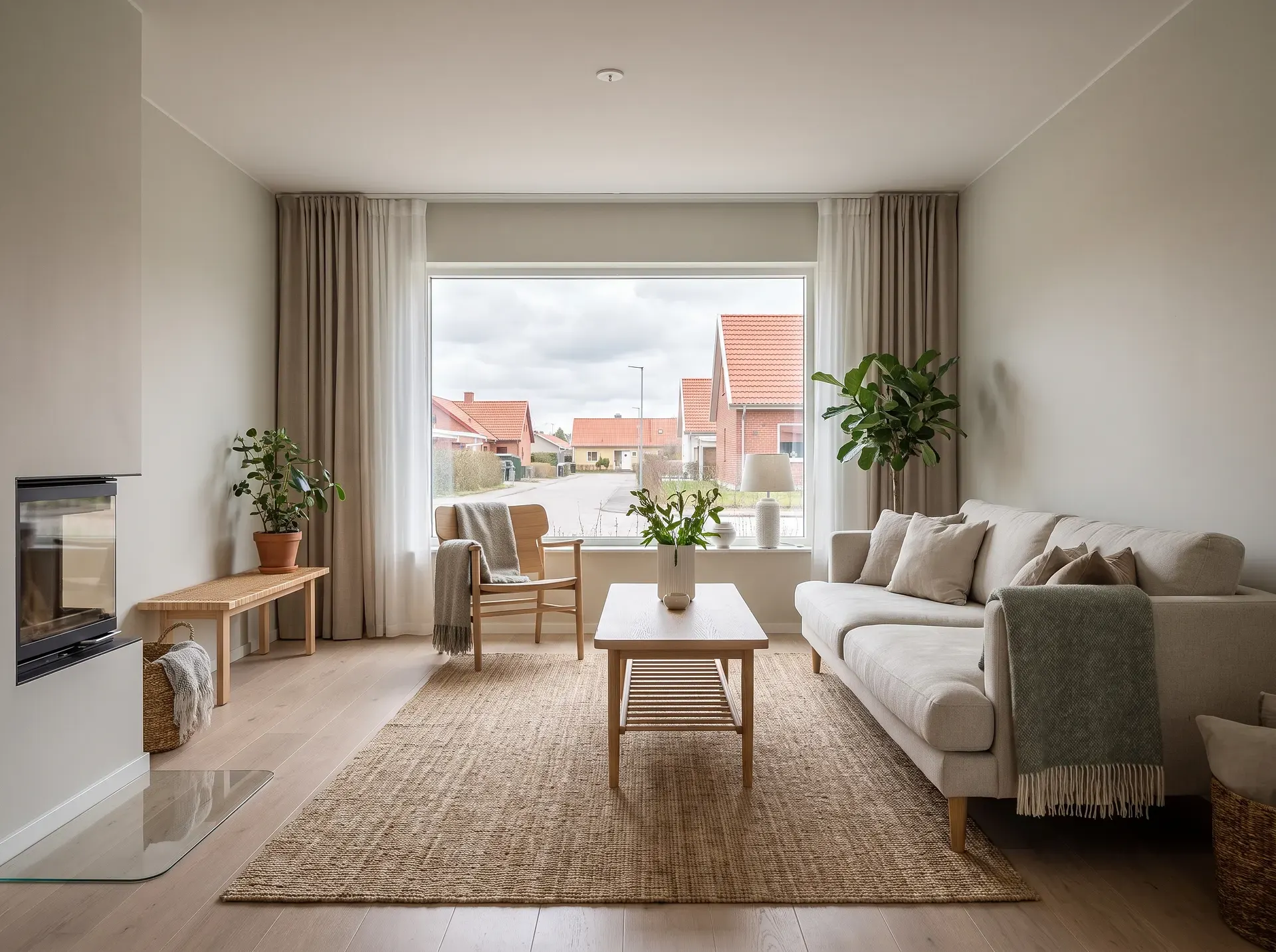 Ljust skandinaviskt vardagsrum med soffa, öppen spis och stor fönstervy.